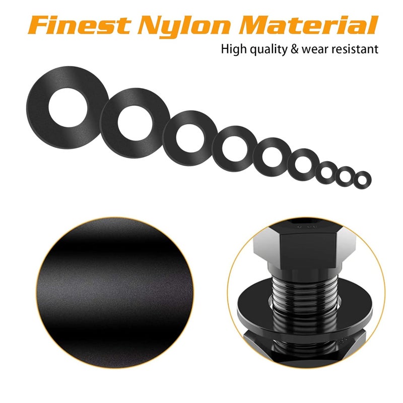URLWALL 800Pcs Nylon Flat Washer Assortment Set, Washers Metric Sealing Spacer Gasket Ring Washers Set, 9 Sizes - M2, M2.5, M3, M4, M5, M6, M8, M10, M12(Black) - Image 2